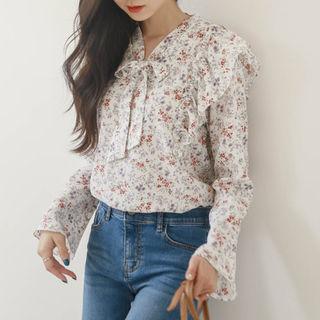 Ruffle-trim Beribboned Floral Blouse