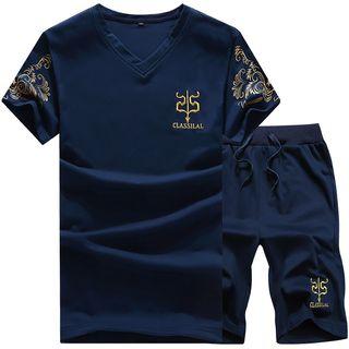 Set: Short-sleeve Embroidered Top + Sweat Shorts