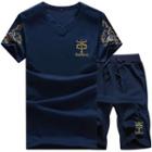 Set: Short-sleeve Embroidered Top + Sweat Shorts