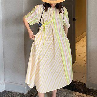 Elbow-sleeve Striped Asymmetric Midi Tunic Dress