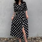 Dotted Elbow-sleeve A-line Midi Wrap Dress Dotted - Black & White - One Size