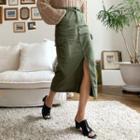 Belted Slit-front Long Cargo Skirt