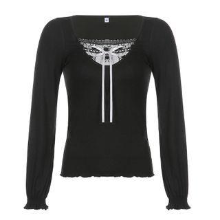 Long Sleeve Lace-panel Bow-detail Top
