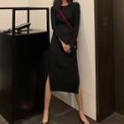Side Slit Long-sleeve Sheath Knit Dress Black - One Size