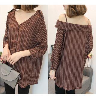 Striped Cold Shoulder V-neck Long Shirt