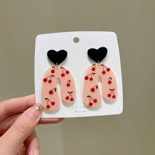 Cherry Acrylic Dangle Earring 1 Pair - S925 Silver Needle Earring - Black Heart & Cherry - Pink - One Size