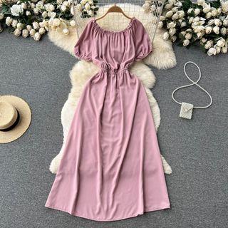 Short-sleeve Off-shoulder Plain Ruched Dress