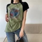 Raglan-sleeve Lettering Print T-shirt T-shirt - Green & Black - One Size