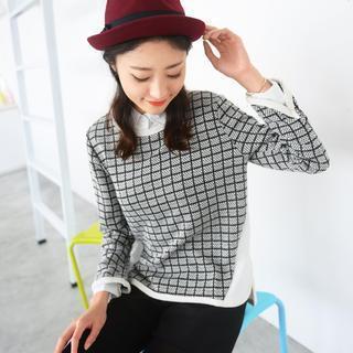 Long-sleeve Check Panel Top
