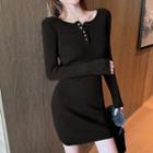 Long-sleeve Knit Henley Mini Bodycon Dress