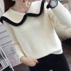Long-sleeve Peter Pan Collar Contrast Trim Loose Fit Knit Top