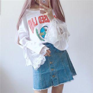 Print Lace Panel Long-sleeve T-shirt