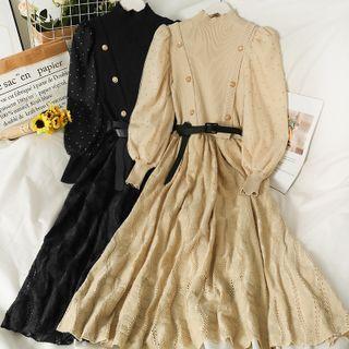 Two-tone Mock-neck Midi Dress With Belt