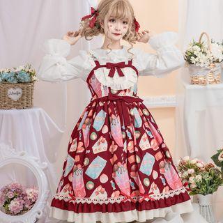 Printed Sleeveless A-line Dress / Ruffled Short-sleeve Blouse / Blouse / Set