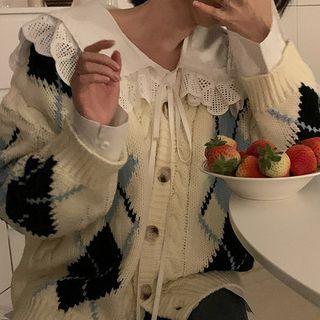 V-neck Argyle Cardigan White - One Size