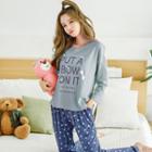 Loungewear Set: Long Sleeve Lettering T-shirt + Heart Print Pants