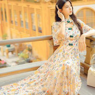 Short-sleeve Floral Print Maxi A-line Qipao Dress