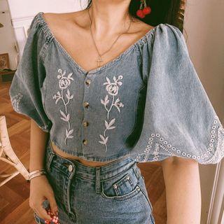 Short-sleeve Embroidered Denim Blouse
