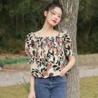 Puff-sleeve Floral Blouse Black & White - One Size