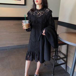 Long-sleeve Ruffle Midi A-line Lace Dress