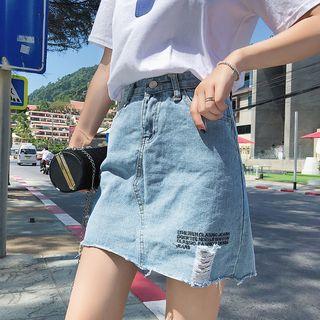 Lettering Ripped A-line Denim Skirt