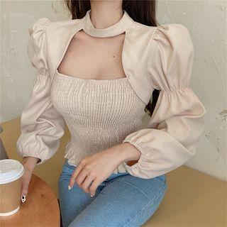 Puff-sleeve Choker-neck Smocked Cropped Blouse
