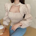 Puff-sleeve Choker-neck Smocked Cropped Blouse