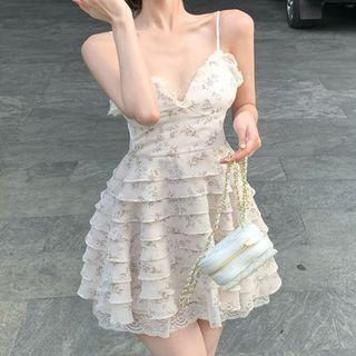 Spaghetti Strap Floral Tiered A-line Mini Dress