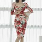 3/4-sleeve Floral Print Bodycon Dress