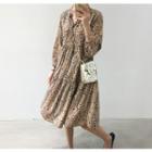 3/4-sleeve Half-placket Pattern Midi Dress