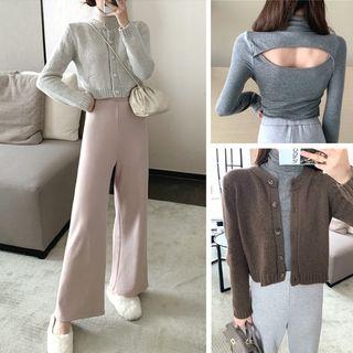 Plain Cropped Cardigan / Open-back Turtle-neck Long-sleeve Top / Plain Pants