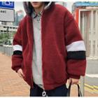 Color Panel Hooded Fleece Padded Zip Jacket