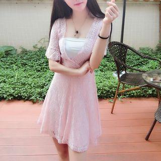 Short-sleeve A-line Lace Dress With Bandeau