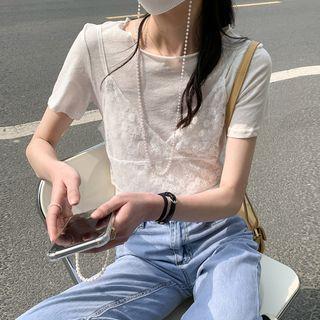 Set: Short-sleeve Cropped T-shirt + Lace Camisole Top