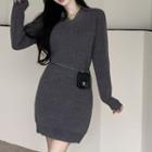 Long-sleeve V-neck Ribbed Knit Mini Sheath Dress Gray - One Size