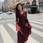 Long-sleeve V-neck A-line Midi Knit Dress