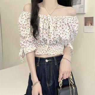 Puff-sleeve Floral Cropped Shirt