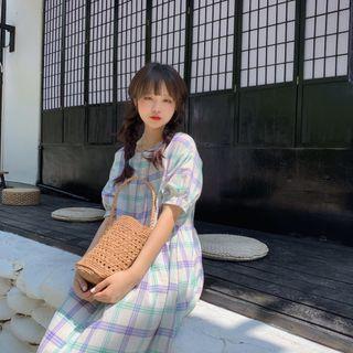 Short-sleeve Plaid Midi A-line Dress Plaid - Purple & Green - One Size