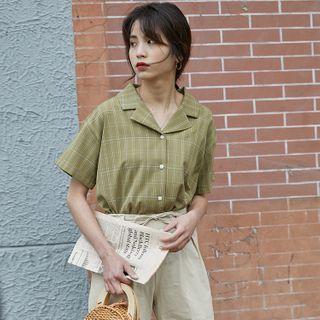 Plaid Notch Lapel Elbow-sleeve Shirt
