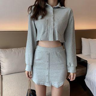 Set: Long-sleeve Plain Knit Top+plain Knit Skirt