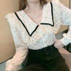 Long-sleeve Wide Collar Dotted Lace Trim Blouse