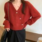 V-neck Asymmetrical Cropped Button-up Sweater