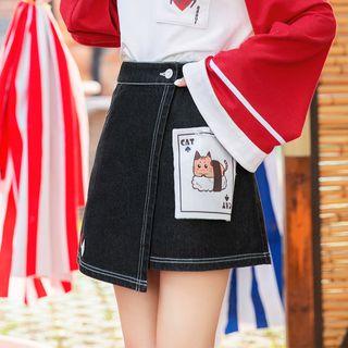 Cat Poker Print Asymmetric Denim Skirt