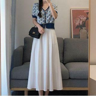 Short-sleeve Button-up Floral Print Top / Midi A-line Skirt / Set