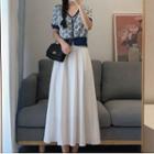 Short-sleeve Button-up Floral Print Top / Midi A-line Skirt / Set