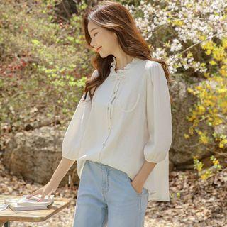 Frilled Tie-neck Seam-detail Blouse