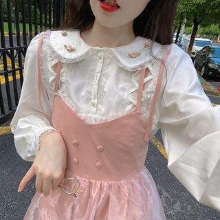 Long-sleeve Collared Ruffle Trim Plain Shirt