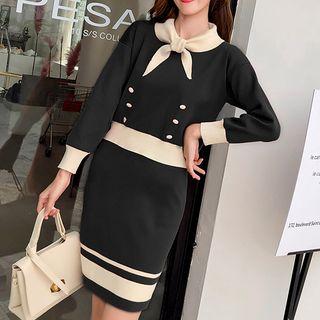 Set: Bow Neck Knit Pullover + Knit Fitted Skirt