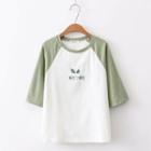 Embroidered Raglan Elbow-sleeve T-shirt White - One Size