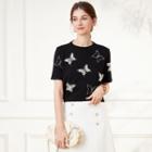 Short-sleeve Crew Neck Butterfly Print Knit Top